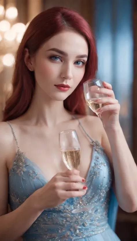 (A woman who is,pretty  face,Long eyelashes,Pink Long Hair,Blue pupil,Gem Necklace,Low-cut evening dress,holding a glass of champagne,Red evening dress,starrysky,Elegant,Surreal art)