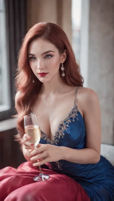 (A woman who is,pretty  face,Long eyelashes,Pink Long Hair,Blue pupil,Gem Necklace,Low-cut evening dress,holding a glass of champagne,Red evening dress,starrysky,Elegant,Surreal art)