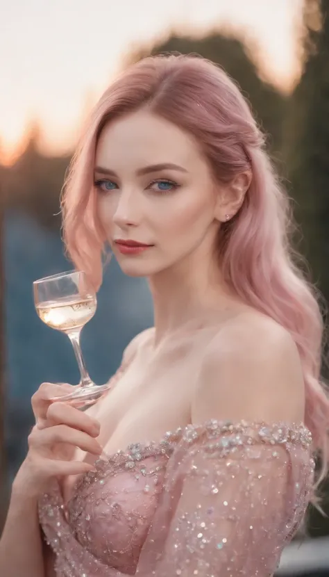 (A woman who is,pretty  face,Long eyelashes,Pink Long Hair,Blue pupil,Gem Necklace,Low-cut evening dress,holding a glass of champagne,Red evening dress,starrysky,Elegant,Surreal art)