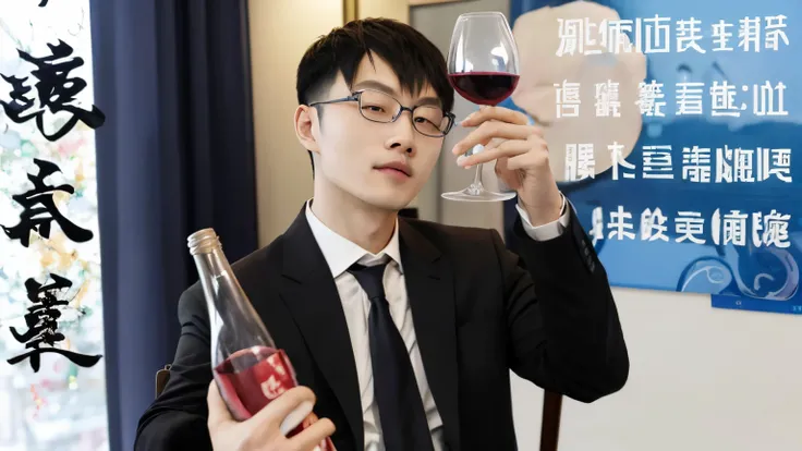 There is a man holding a wine glass and bottle, yanjun chengt, bottles of alcohol next to him, Emmanuelle Hsiao, li zixin, 千 葉 雄 大, Tomohiro Shimoguchi, Shaw Peter, wenjun lin, Chen Kexin, zeng fanzh, qichao wang, xintong chen