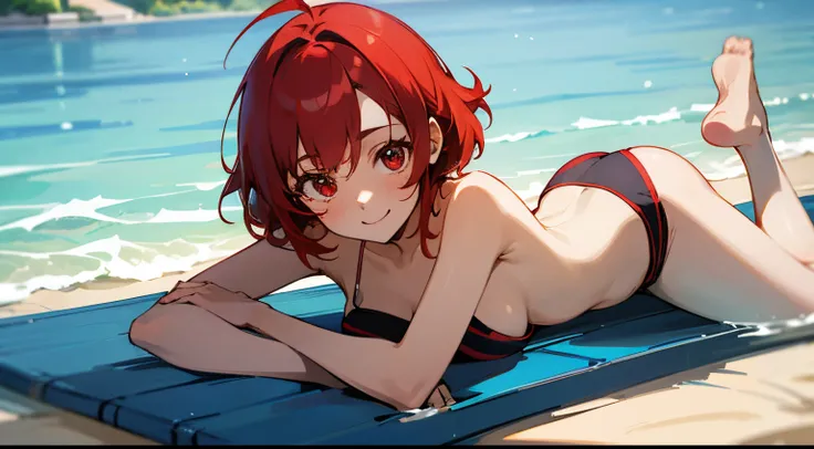 Beautiful girl with short red hair、Shoulders are visible、Ragged hair、swim wears、red eyes、、A smile、private beach、Resorts、Gravure Idol Pose、