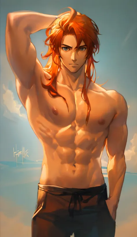 a close up of a man with red hair and no shirt, handsome guy in demon slayer art, sylas, shirtless :: high detail, orange - haired anime boy, blonde waist-long hair, handsome anime pose, smooth skin, shirtless,link