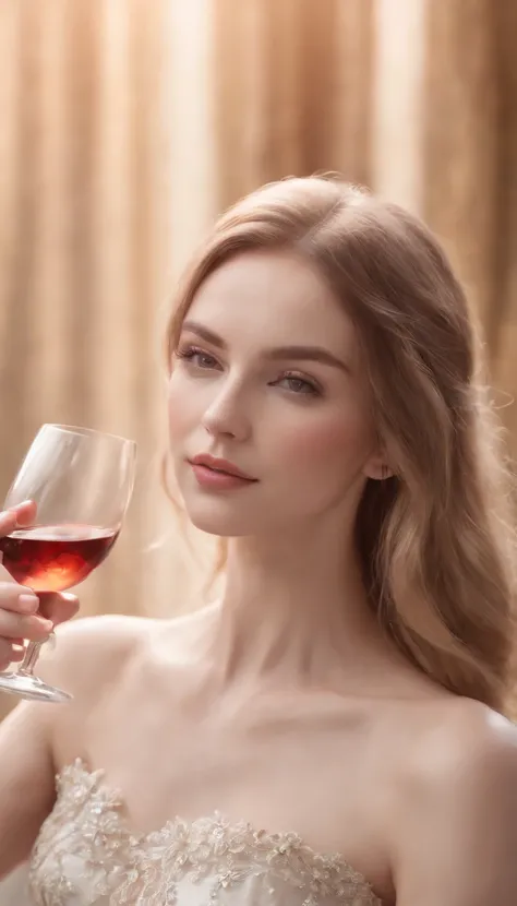 there is a woman holding a glass of wine in her hand, soft portrait shot 8 k, 8k artgerm bokeh, champagne commercial, ethereal beauty, soft flawless pale skin, porcelain pale skin, incredibly ethereal, pale glowing skin, drinking champagne, ethereal fairyt...