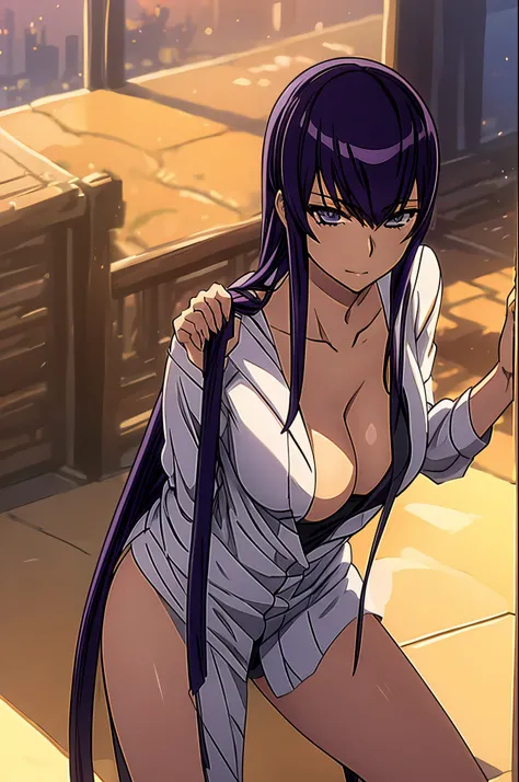 Saeko Busujima in bathrobe with bra,tetas medianas, Figura curva, Curvaceous Body, Noche de fondo de la ciudad