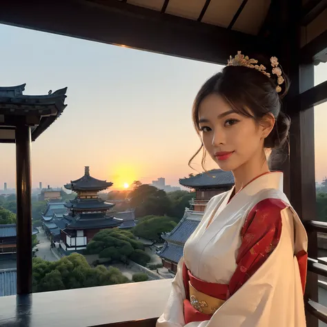 ((top-quality、masutepiece、8K、Top image quality、Very complex and detailed details、huge dark sunset、very high saturation))、(1 photo:1.7)、(Big picture:1.7)、(the princess is near、A complex cluster of Heian period buildings with depth in the background:1.7)、(Cl...