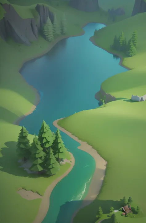 Close-up of the landscape，There are rivers，There are trees, There is a reflection in the river，Clear river water，a 3D render, stylized 3d render, lowpoly landscape, High quality low-poly art, super detailed color lowpoly art, stylized game art, stylized 3d...