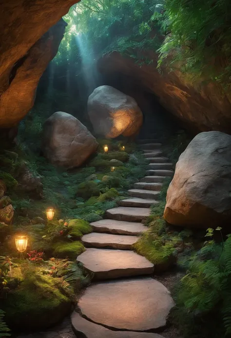 View of the path leading to the garden with large rocks, Crystals shining on the ground, glowing stones in the cave, Floating magic rocks, enchanting and otherworldly, shining sphere of light, Colorful and magical crystal bridge, magical landscape, ( visua...