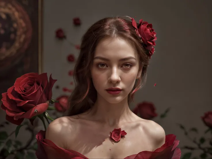 A richly saturated crimson hue dominates this artwork, evoking feelings of passion and intensity. The main subject is a single red rose, delicately in bloom yet seemingly suspended in time. The image is a highly detailed, hyper-realistic painting, capturin...