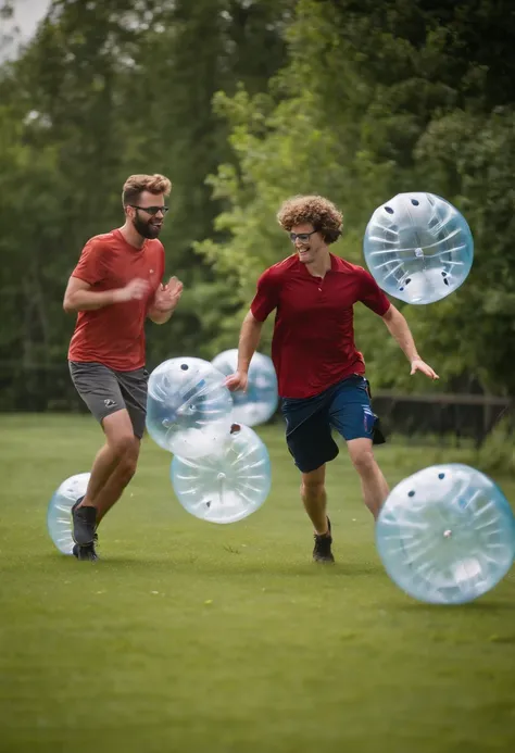 A dynamic shot of Greg leading a group of people in a game of bubble soccer in a grassy field,original,greg is 6 foot, white, short curly brown hair, round glasses, slightly narrow face. 7/10 handsome. Well put together.