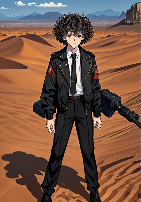 Boy, curly hair like rings,Black jacket, long black pants,He holds a Russian PKC machine gun in his hand, full body, PK machine gun,Photography angle from below, Pekka machine gun, PKC, He holds a weapon in his hands, Crazy features, A fifteen-year-old boy...