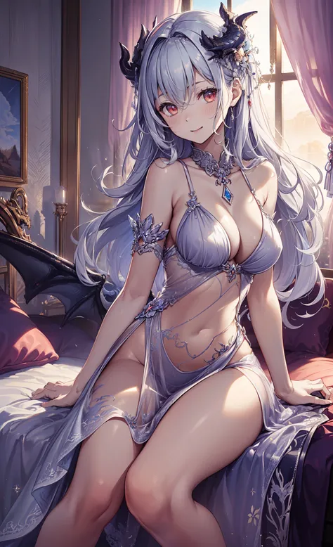 top-quality、Top image quality、tmasterpiece、girl ((Sixteen years old、medium chest circumference、obsessed、tempting pose、having fun、Breasts wide open,sliver long hair、Light red eyes、charming body、Grand canyon、Transparent silver dress，Modern sexy clothing、Drag...