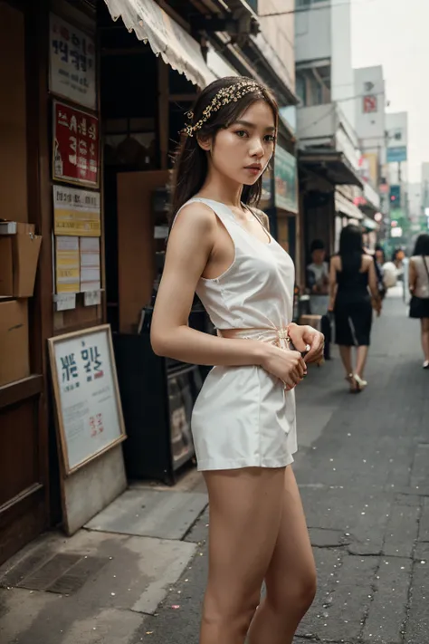 Create an image of a beautiful Thai woman, good looking, cute, elegant. Has a minimalist tattoo. Standing, smoking. Standing in the middle of a city street. Korean movie style