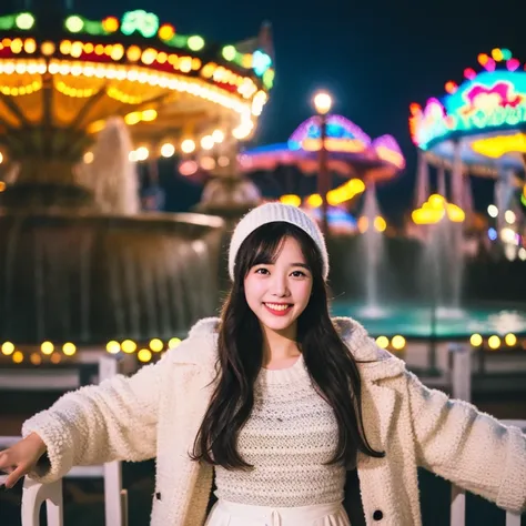 ((nighttime scene、Realistic light、SLR image quality、４k、1.3))、girl with the same face as last time、full bodyesbian、coat、Knitted Cap、Knitted Dresses、detailedeyes、An amusement park、The fountain、a smile、medium milk