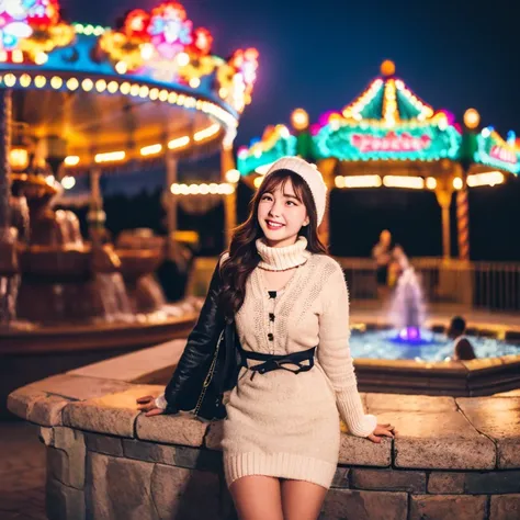 ((nighttime scene、Realistic light、SLR image quality、４k、1.3))、girl with the same face as last time、full bodyesbian、coat、Knitted Cap、Knitted Dresses、detailedeyes、An amusement park、The fountain、a smile、medium milk