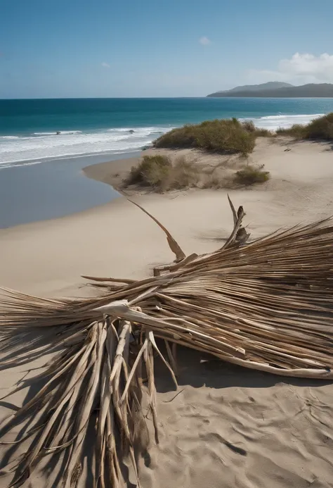 An overhead shot of a makeshift shelter constructed from palm fronds and driftwood on the beach,Cast Away (2000),Chuck Noland, portrayed by Tom Hanks in the film “Cast Away,” is currently stranded on a deserted island in the Pacific Ocean.  Sunburnt and be...