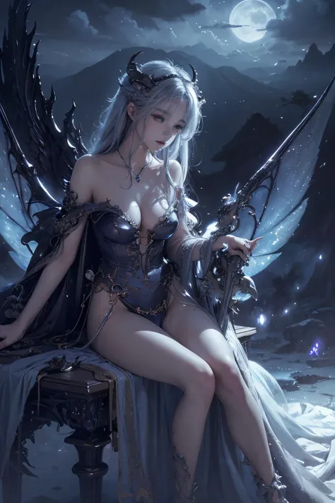 ((best quality)), ((masterpiece)), (detailed), alluring succubus, ethereal beauty, perched on a cloud, (fantasy illustration:1.3), enchanting gaze, captivating pose, delicate wings, otherworldly charm, mystical sky, (Luis Royo:1.2), (Yoshitaka Amano:1.1), ...