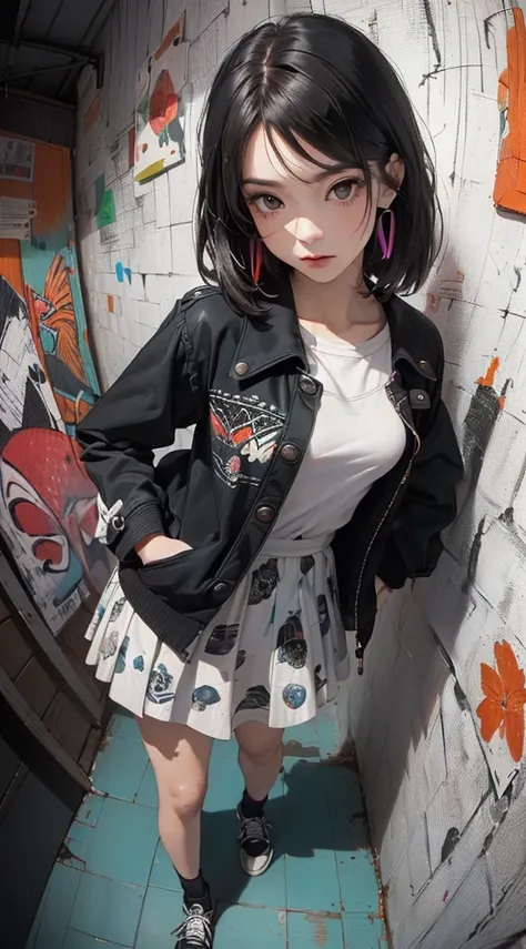 (((8k wallpaper of extremely detailed CG unit:1.2, ​masterpiece, hight resolution:1.2, top-quality:1.2, masutepiece))), ((a very beautiful woman, Hands in pockets:1.8, Grunge Fashion:1.2, Wear a mod coat:1.2, wearing skirt, Wearing shoes)), ((extra detaile...