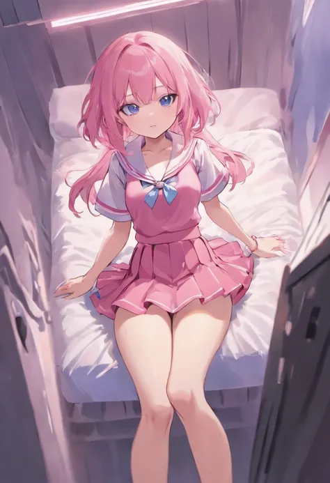 (((twogirls)))、Beautiful illustration、top-quality、Cute little girl s、Bedroom、A pink-haired、long whitr hair、(((Pink pleated skirt)))、(((Pink sailor suit)))、short- sleeved、huge tit、a navel、Turn up the skirt with your hands、showing white panties、Pull up the s...