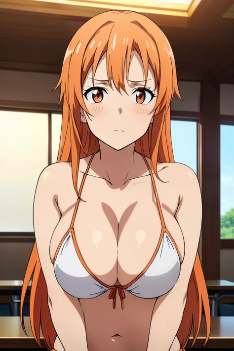 ((masutepiece, Best Quality, High resolution, anime screen cap, anime colours, in 8K, anime keyvisual)):1.5, Asuna, 1girl in, Cute, blush, (long orange hair:1.5), 14years, (Oversized large sagging breasts:1.5), cleavage, ((White Micro Bikini:1.5, Thin fabr...