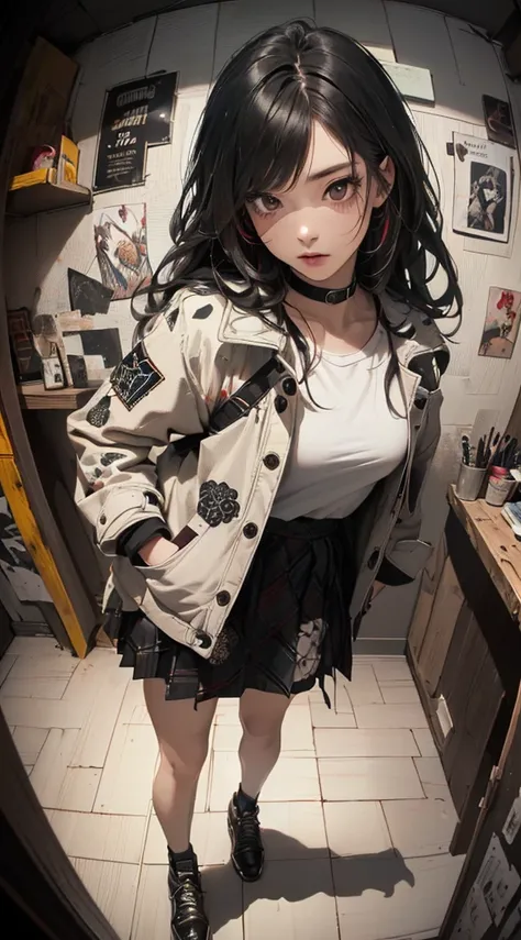 (((8k wallpaper of extremely detailed CG unit:1.2, ​masterpiece, hight resolution:1.2, top-quality:1.2, masutepiece))), ((a very beautiful woman, Hands in pockets:1.8, Grunge Fashion:1.2, wear a mod coat:1.2, wearing skirt, Wearing shoes)), ((extra detaile...