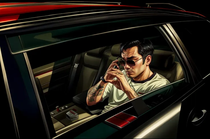 21 years old asian man sitting in a car talking on a cell phone, teenager, waring white tracktop, waring sunglasses, black hair,...