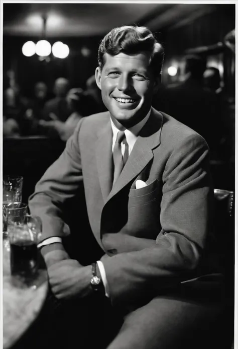 A photo of Kennedy enjoying a night out at a jazz club,original,John F. Kennedy, the 35th President of the United States, was renowned for his handsome, charismatic appearance, with his wavy hair, engaging smile, and a sense of style that exuded confidence...