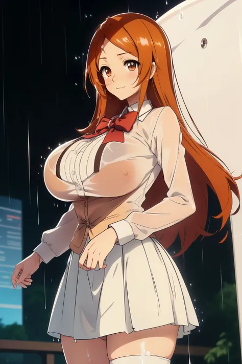 inoue orihime, inoue orihime, Long hair, Orange hair, (Brown eyes:1.5), Take off your uniform, bow ribbon, Neck ribbon, Bow, bowtie, Red bow, White collared shirt, looking at the viewers, BREAK (masutepiece:1.2), Best Quality, High resolution, Unity 8k壁纸, ...