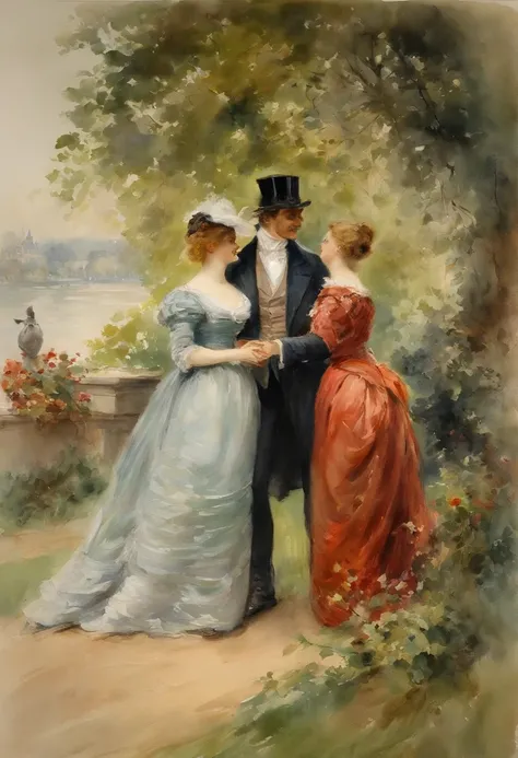 a romantic scene, a young handsome man meets two elegant ladies, mother and daughter in a park , by Adolphe Menzel