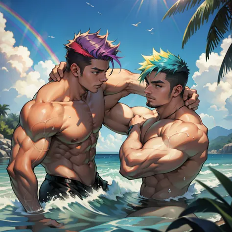 Two boys in the water together，Raised sexy hyper masculine muscular giant, rainbow hair