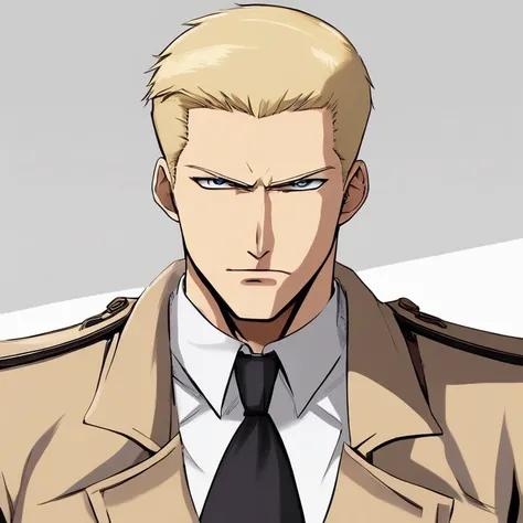 Reiner Braun is tall, buff, with very short blonde hair and a very short stubble goatee, small amber eyes, thin eyebrows, very masculine features. Wears a long beige coat, white dress shirt, black tie, and a red armband with a white nine-pointed star on it...