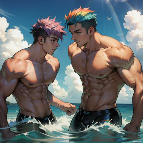 Two boys in the water together，Raised sexy hyper masculine muscular giant, rainbow hair , 20 meters deep!