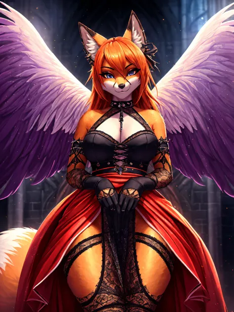 (best quality,4k,8k,highres,masterpiece:1.2),ultra-detailed,HDR,UHD,studio lighting,sharp focus,extreme detail,professional,vivid colors,bokeh,portrait,cathedral background,brilliant orange fur,large angel wings,sexy goth dress,punk hairstyle,fox snout,fox...