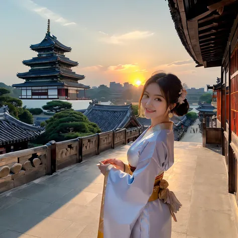 ((top-quality、masutepiece、8K、Top image quality、Very complex and detailed details、huge and bright sunset、very high saturation))、(1 photo:1.7)、(Big picture:1.7)、(the princess is near、A complex cluster of Heian period buildings with depth in the background:1....