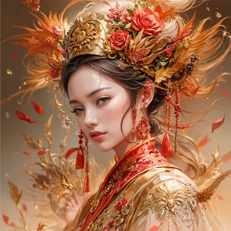 A woman wearing a red and gold Chinese dress，Phoenix crown,anatomy correct, (Exquisite helmet)，Delicate pattern，Oriental elements，Ink painting style, Clean colors,Pink rose space, Soft lighting, ( Bokeh)，Masterpiece, Super detailed, Epic composition, Highe...