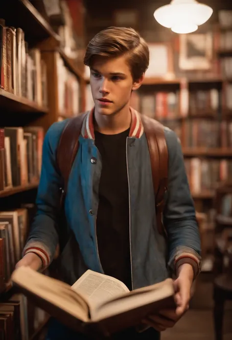 A photo of Nathan at a vintage book store, angrily flipping through a stack of books,Life is Strange video game series,Nathan is a teenage boy with blue eyes, slicked back light brown hair, light freckles, wears a red letterman jacket, mean expression