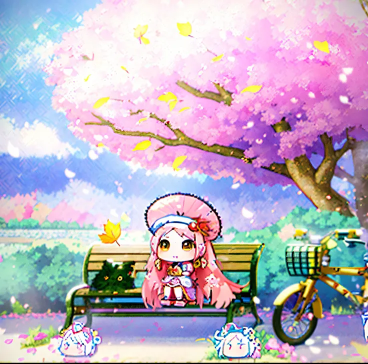 Anime girl sitting on bench in front of a tree, seasons!! : 🌸 ☀ 🍂 ❄, Maple Leaf Story style, The art style of Queen of the Dragon King, tchibi, under a sakura tree, Nothing, Cherry blossom season, MapleStory, change, Sakura blossoms, my dress up darling an...