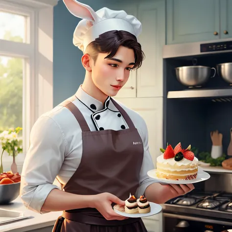 Rabbit dressed as a cook carrying a cake