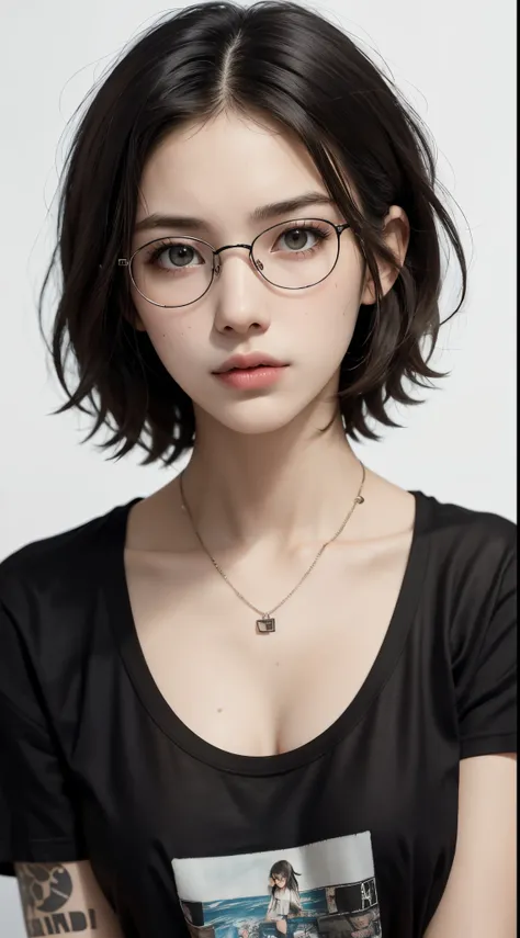 masterpiece, best quality, realistic, highly detailed, 1girl, solo, (body shot), poker face, ((short hair)), black hair, glasses, large breast, ((blank T-shirt)), Lips pierced, tatto on neck, beautiful girl, A tomboy face, Flat face without expression, bed...