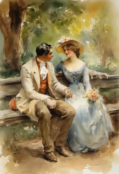 a romantic scene, a young handsome man meets two elegant ladies, mother and daughter in a park , by Adolphe Menzel