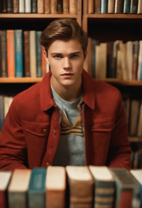 A photo of Nathan at a vintage book store, angrily flipping through a stack of books,Life is Strange video game series,Nathan is a teenage boy with blue eyes, slicked back light brown hair, light freckles, wears a red letterman jacket, mean expression