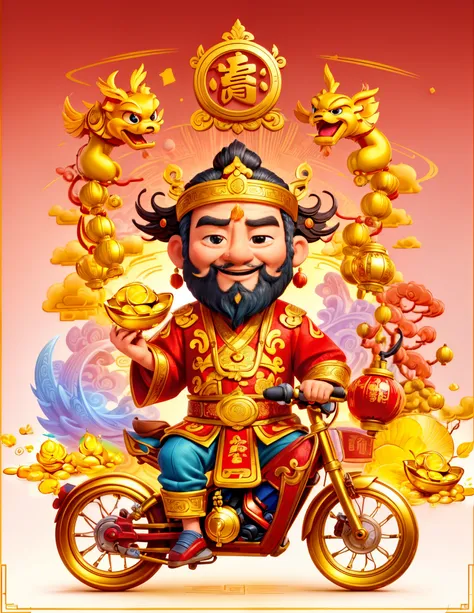 pixar style, (long shot: 1.8), (Chinese - chic Chinese mythological God of Wealth, anatomically correct, oriental elements), (a cute God of Wealth riding an e-bike with a gold ingot in his hand, Treasures Follow), (China - Stylish Illustration: 1.5, Vector...