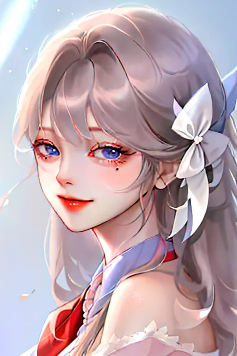 (extremely delicate and beautiful:1.2)、1girl in、Facigirl、bangss、blue eyess、The background is plain white、brown haired、Mouth closed、from side、hair between eye、Hair bow、lanthanum、Particles of light、long-sleeve、looking at the viewers、Medium hair、natta、Red bow...