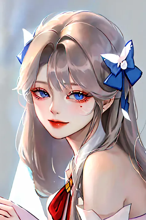 (extremely delicate and beautiful:1.2)、1girl in、Facigirl、bangss、blue eyess、The background is plain white、brown haired、Mouth closed、from side、hair between eye、Hair bow、lanthanum、Particles of light、long-sleeve、looking at the viewers、Medium hair、natta、Red bow...