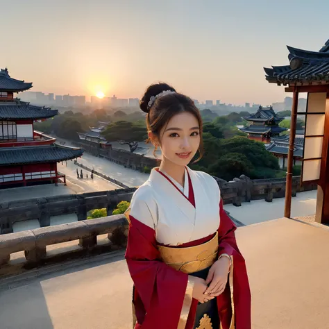 ((top-quality、masutepiece、8K、Top image quality、Very complex and detailed details、big bright sunset、Very high saturation))、(1 photo:1.7)、(The whole picture:1.7)、(the princess is near、Complex buildings from the Heian period with depth in the background:1.7)、...