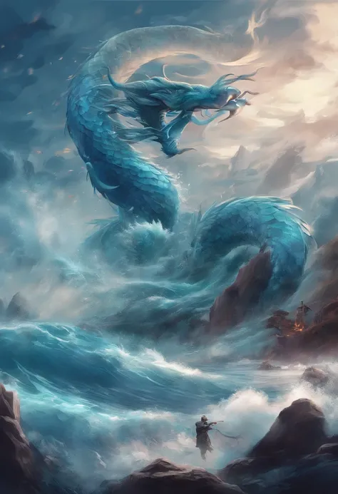 chineseidol，Chinese mythology，The combination of gluttony and all things in the universe，Longhorn faucet，，The snake&#39;s tail has grown，has horns on its head.，tosen，ferocious，High，The eyes glow blue，the ocean，Huge waves，surrounded by cloud，Medium shot，Ful...