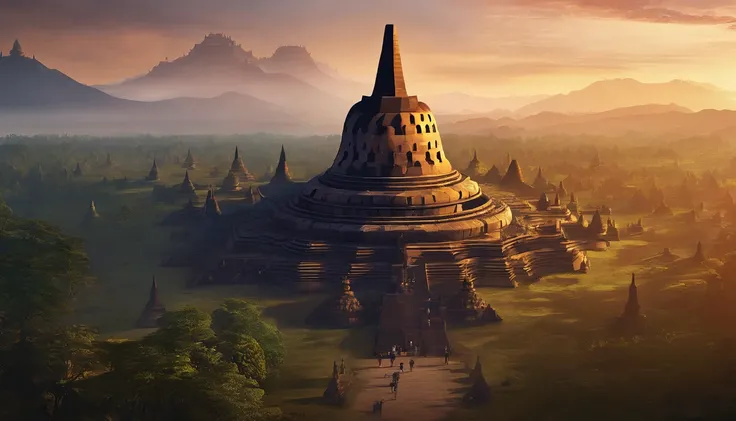 Borobudur temple of Indonesia at sunset, best composition, masterpiece art work, long view,