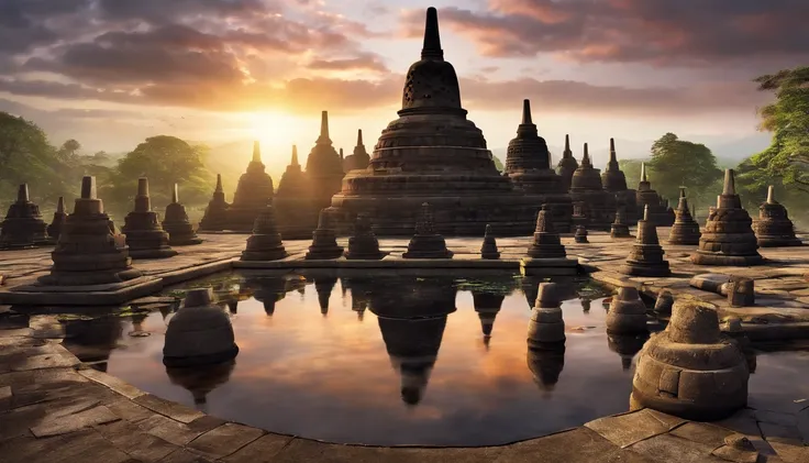 Borobudur temple of Indonesia at sunset, best composition, masterpiece art work, long view,