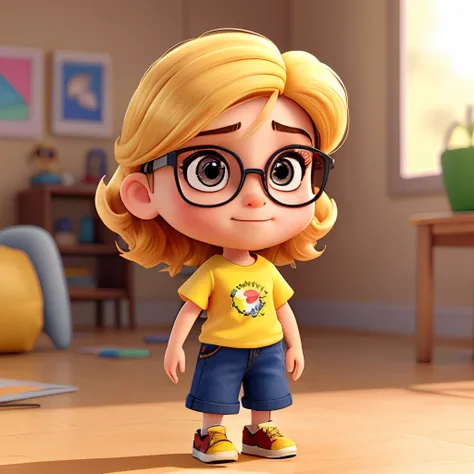 38 year old cutie, Yellow T-shirt, wave her hand, Huge head, Photographing Undercut Hair , Wearing round gold thin frame glasses, highly detail eyes，frontage, fit body, full-body view, Very detailed hands ，toys figures,Best quality at best, 3 d desenho ani...