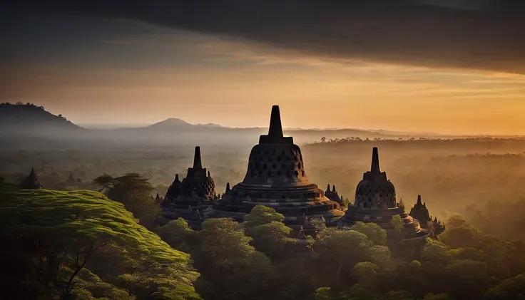 Borobudur temple of Indonesia at sunset, best composition, masterpiece art work, long view,