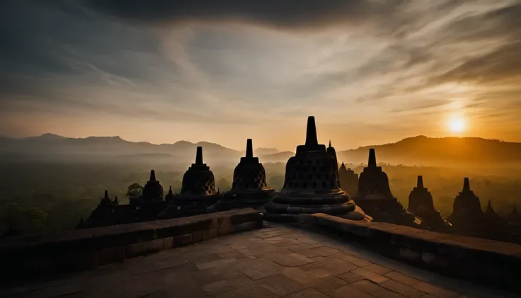 Borobudur temple of Indonesia at sunset, best composition, masterpiece art work, long view,